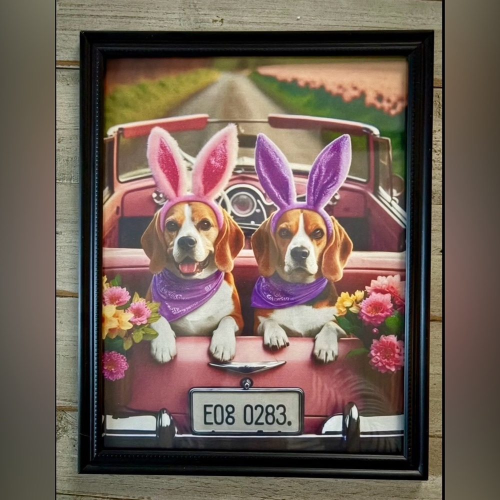 Easter Beagle Duo Framed 8x10 Wall Art - Pink & Purple Bunny Ears